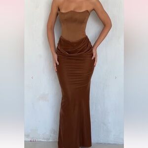 HOUSE OF CB 'Persephone' Toffee Velvet Strapless Corset Maxi Dress NWOT